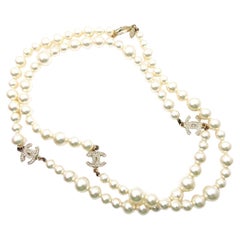 Chanel Classic 3 Gold CC Crystal Long Pearl Necklace