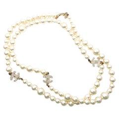 Chanel Classic 3 Gold CC Crystal Long Pearl Necklace 