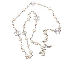 Chanel Classic 5 Silver CC Crystal Faux Pearl Long Necklace