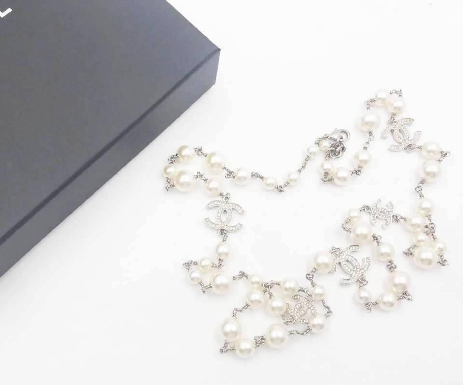 Chanel Classic 5 Silver CC Crystal Faux Pearl Long Necklace For Sale at ...
