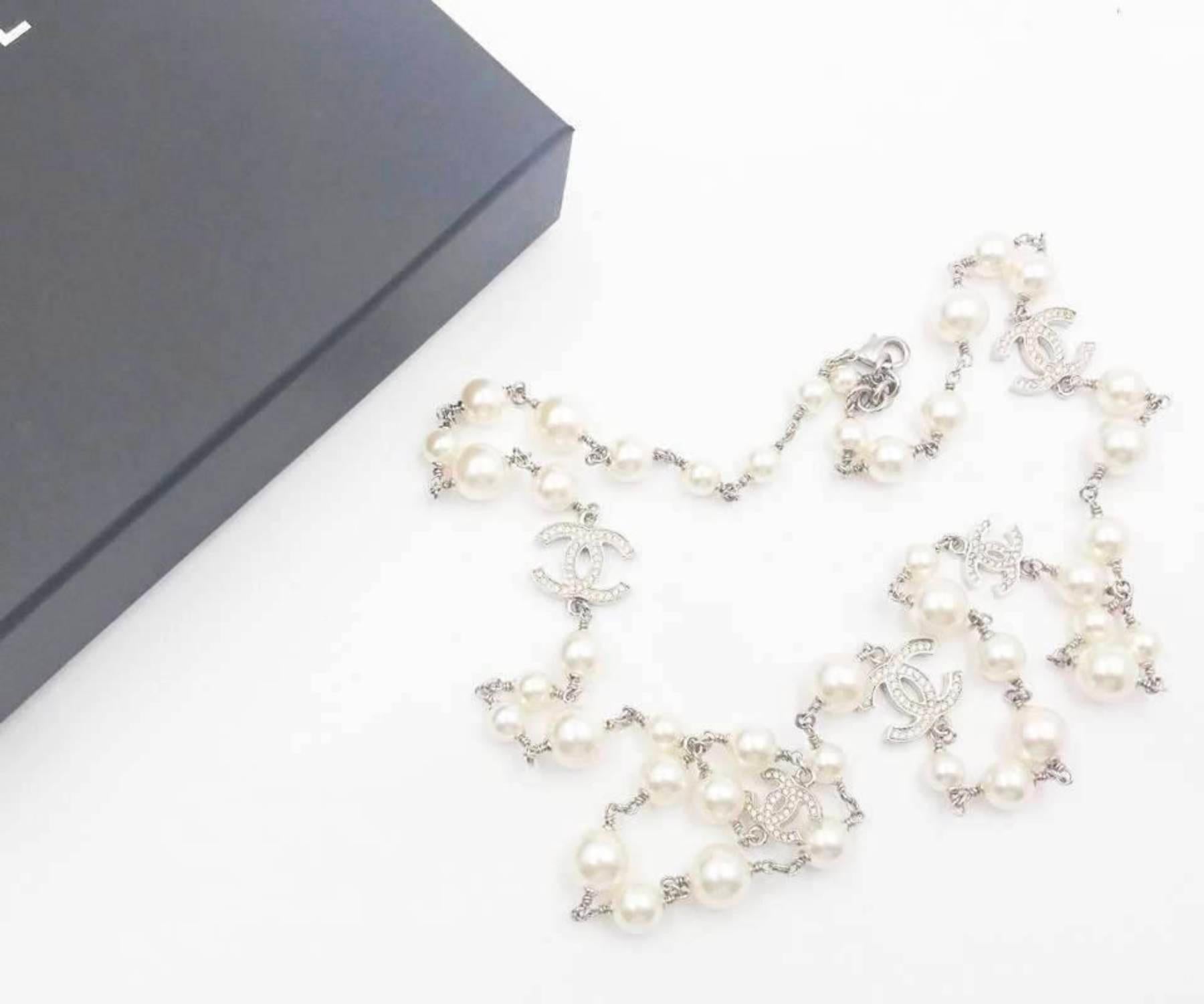 Chanel Classic 5 Silver CC Crystal Faux Pearl Long Necklace In Excellent Condition For Sale In Pasadena, CA