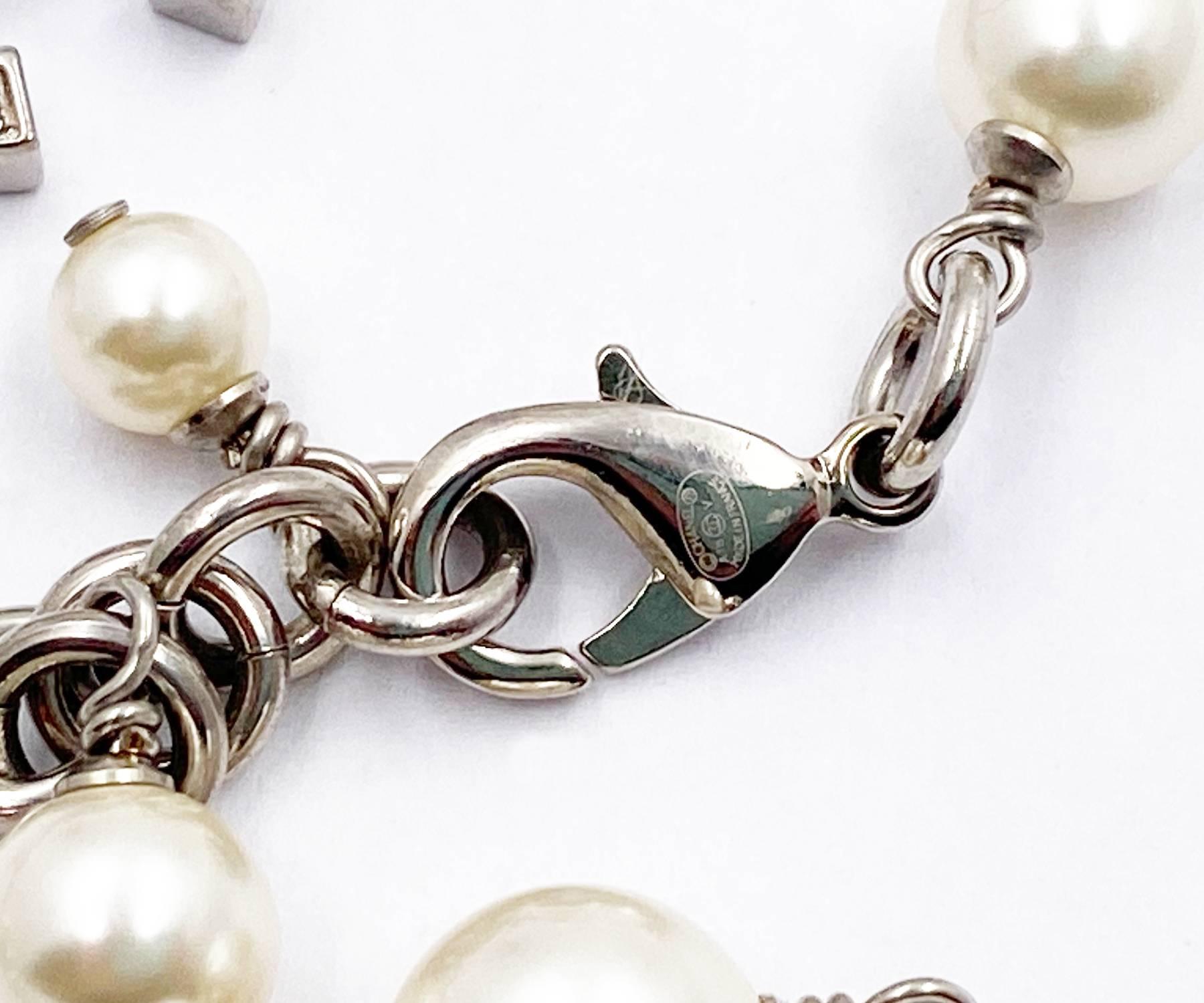 Women's Chanel Classic 5 Silver CC Crystal Faux Pearl Long Necklace For Sale