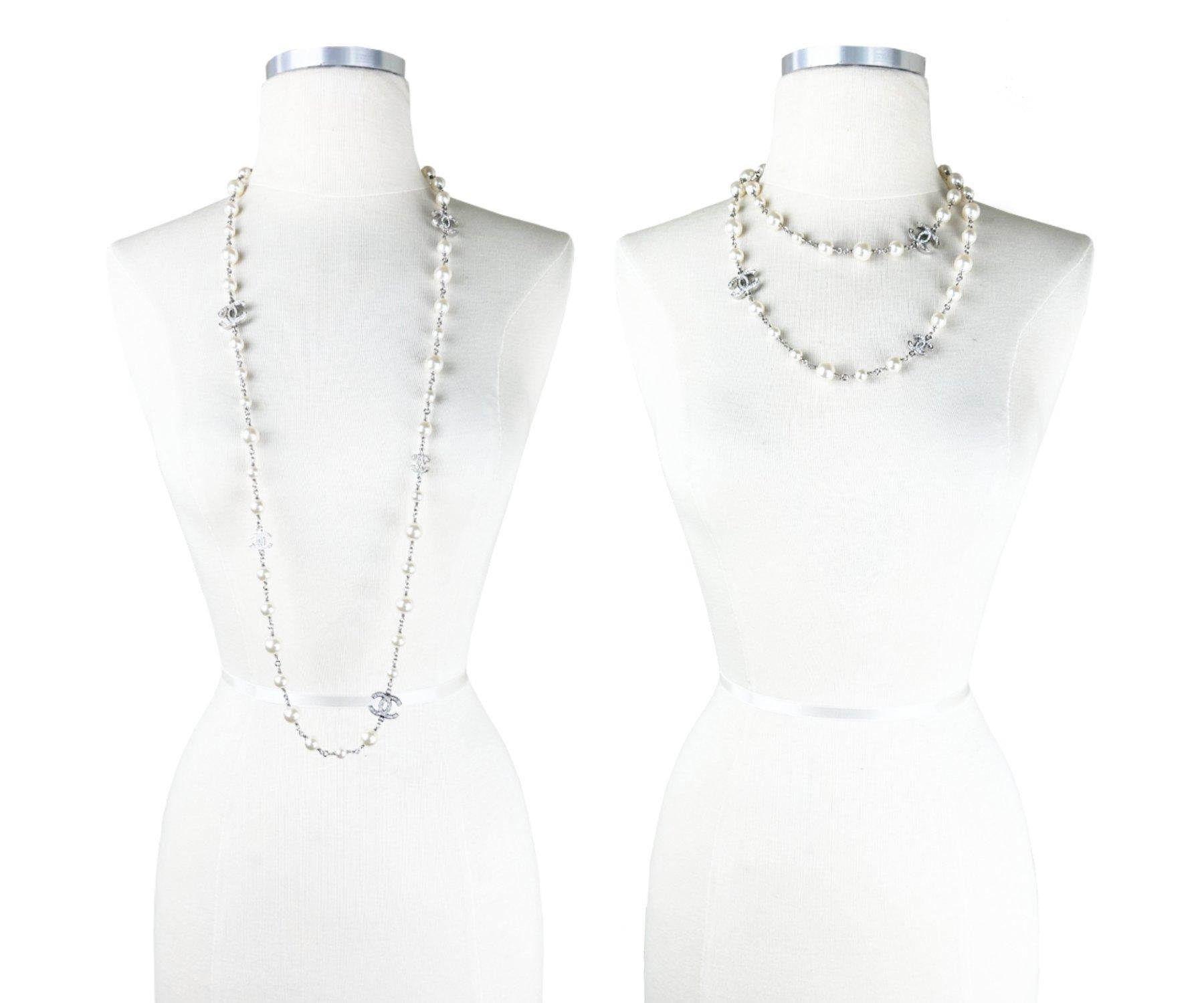 Chanel Classic 5 Silver CC Crystal Faux Pearl Long Necklace For Sale at ...