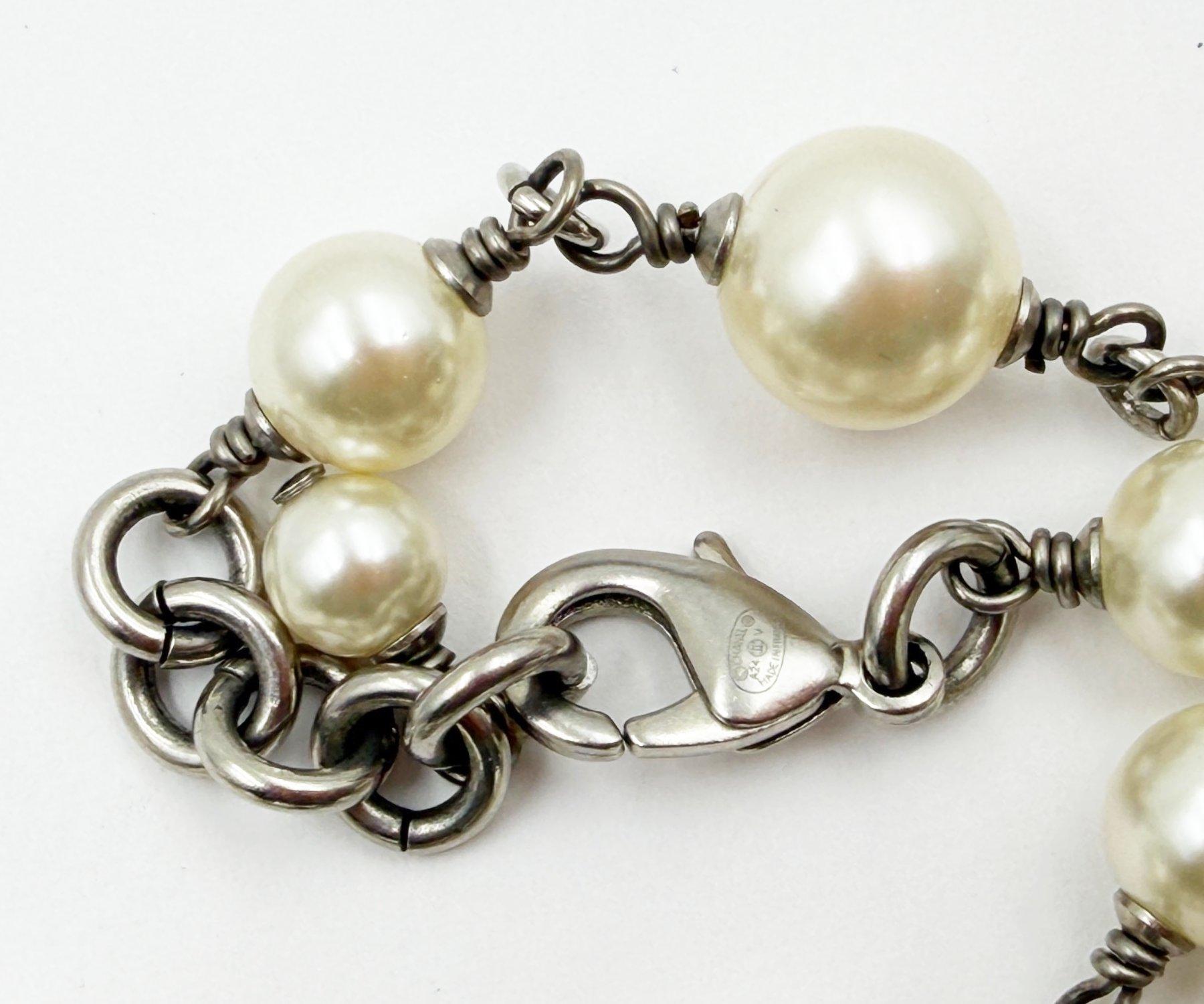 Chanel Classic 5 Silver CC Crystal Faux Pearl Long Necklace For Sale at ...