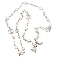 Chanel Crystal Pearl Rhinestone CC Logo Long Necklace
