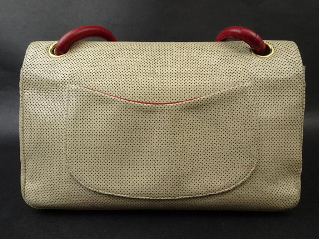 Chanel Classic Bicolor Perforated Medium Flap 216613 Beige Leather Shoulder Bag For Sale 1