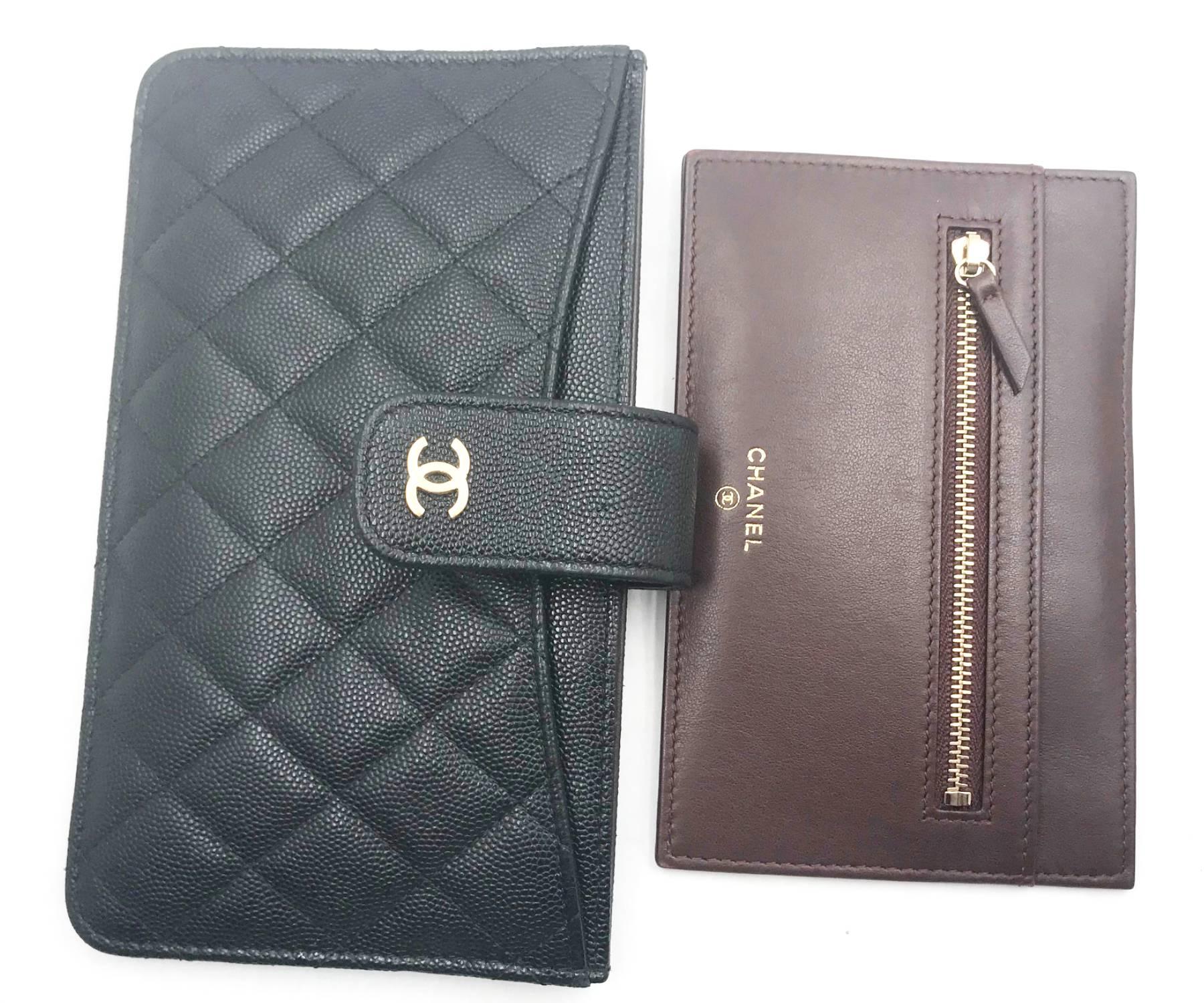 Women's Chanel Classic Black Caviar 2 Set Pouch Long Wallet For Sale