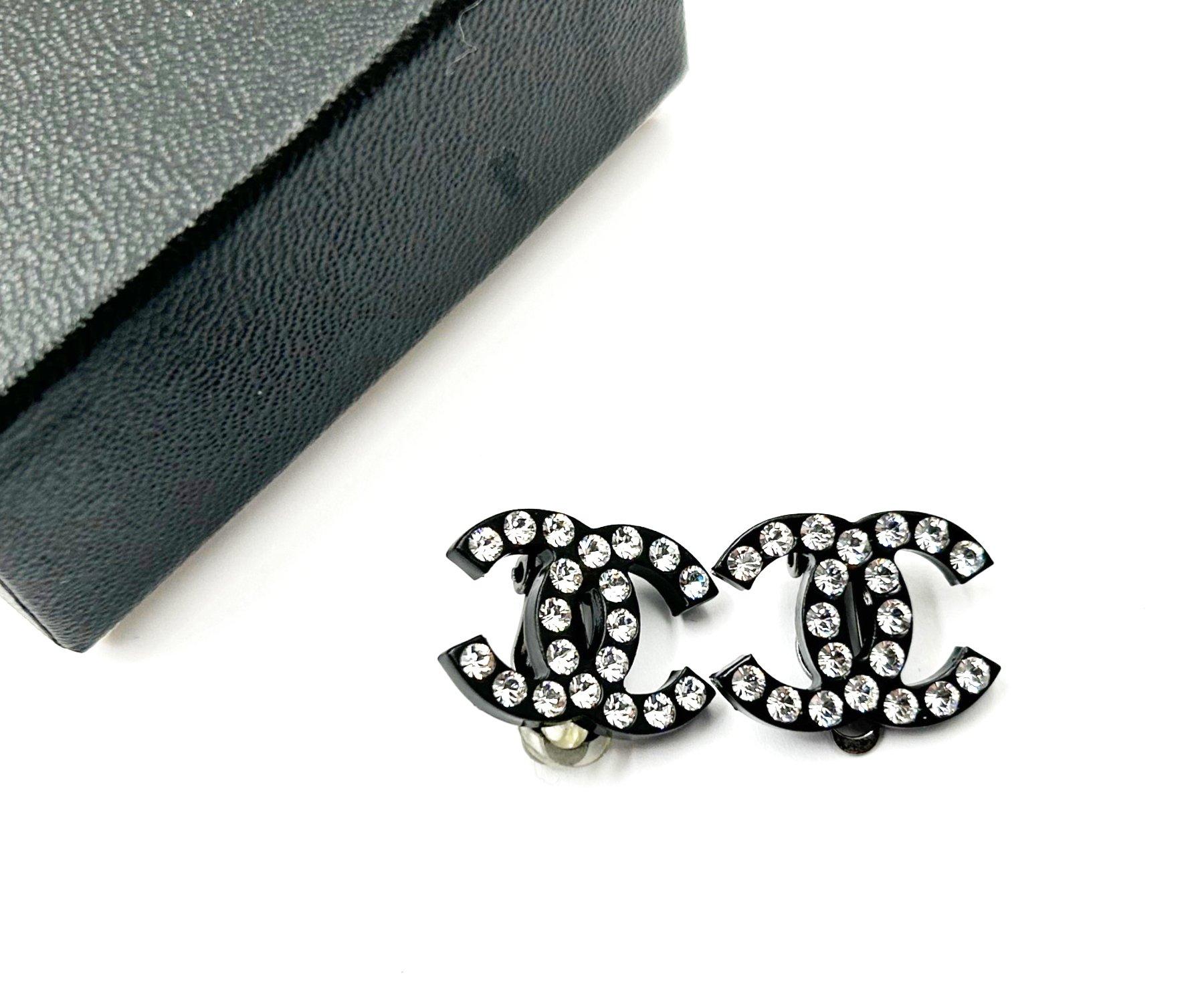 Contemporary Chanel Classic Black CC Crystal Large Clip on Earrings