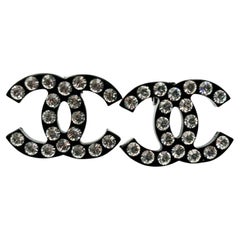 Chanel Classic Black CC Crystal Large Clip on Earrings  