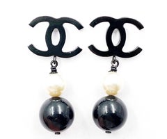 Chanel Classic Black CC Pearl Black Bead Dangle Long Piercing Earrings