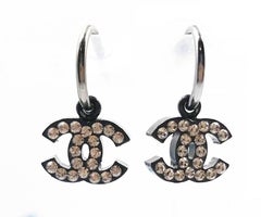 Chanel Classic Black CC Shiny Silver Crystal Dangle Hoop Piercing Earrings