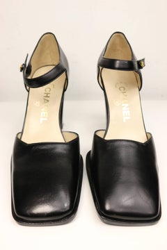 Chanel Classic Black Leather Square Toe Heels