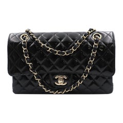 Chanel Classic Black Patent Leather Quilted Medium Double Flap Bag A01112