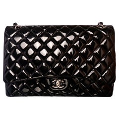 Vintage Chanel Classic Black Quilted Patent Leather Maxi Flap Shoulder Bag