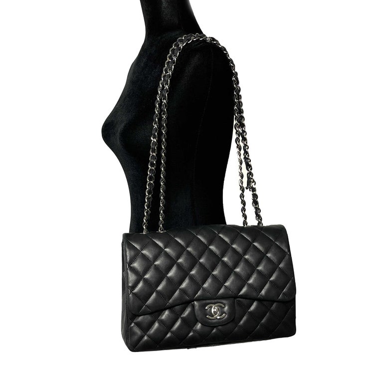 CHANEL - Classic Black / Silver Quilted Lambskin Flap CC Jumbo Shoulder Bag 2