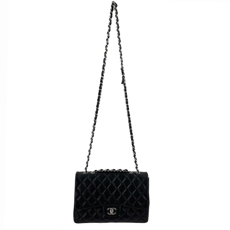 CHANEL - Classic Black / Silver Quilted Lambskin Flap CC Jumbo Shoulder Bag 3