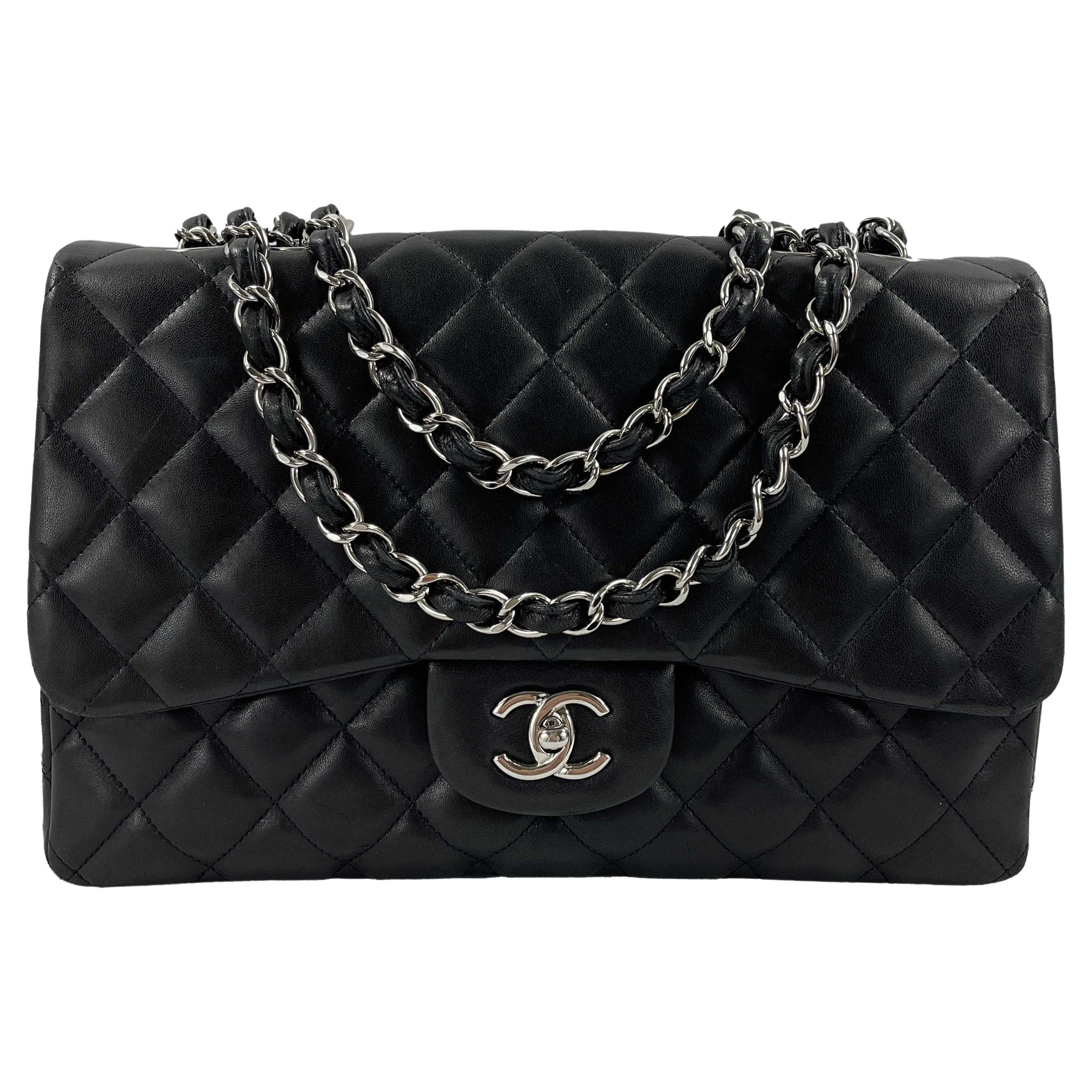 CHANEL - Classic Black / Silver Quilted Lambskin Flap CC Jumbo Shoulder Bag