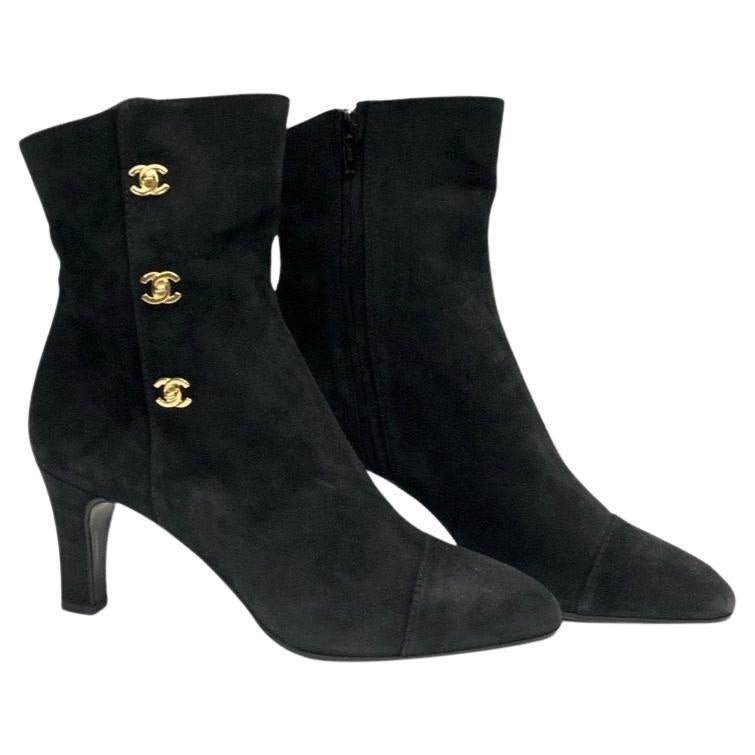 Chanel Classic Black Suede CC Gold Toned Hardware Ankle Boots  For Sale