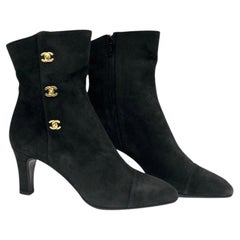 Chanel Classic Black Suede CC Gold Toned Hardware Ankle Boots 
