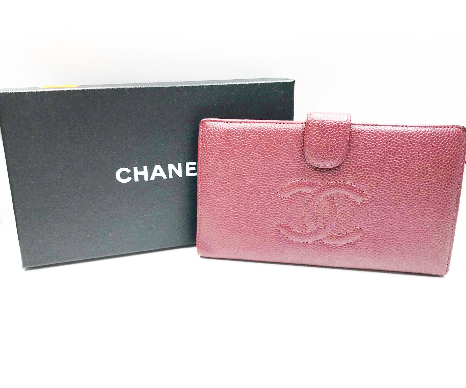 Brown Chanel Classic Burgundy Caviar Bi Fold Long Wallet For Sale