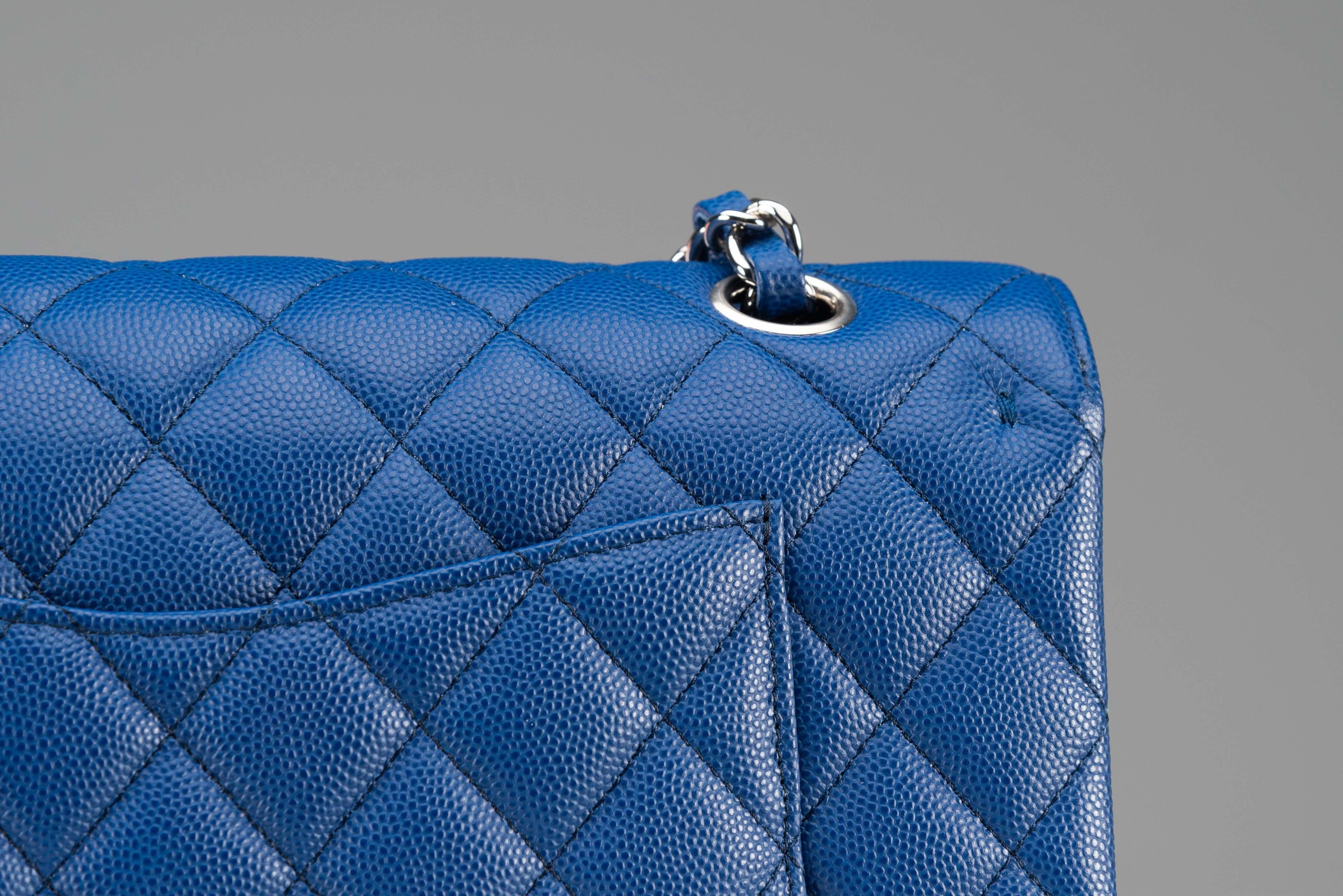 Chanel Classic Caviar Medium Blue Silver Hardware For Sale 6