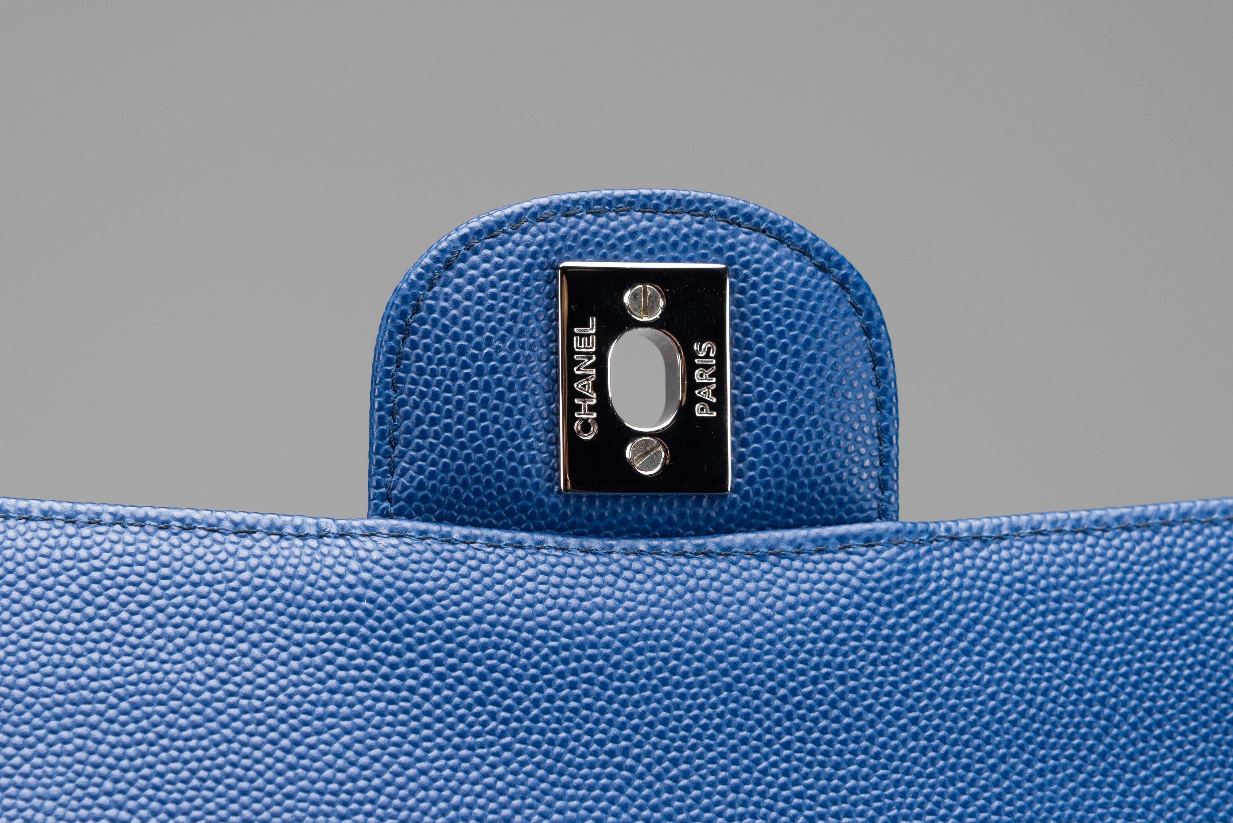 Chanel Classic Caviar Medium Blue Silver Hardware For Sale 7