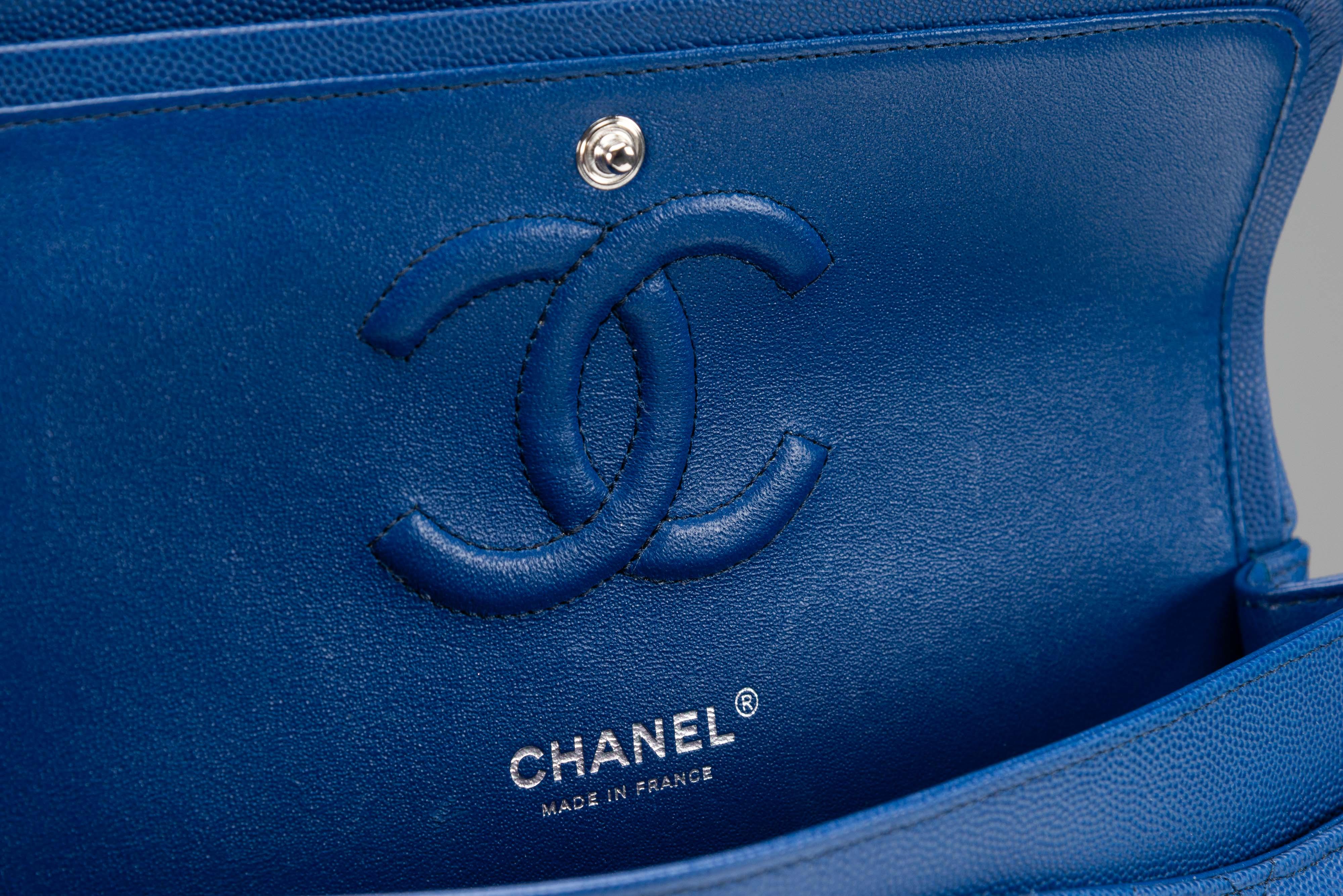 Chanel Classic Caviar Medium Blue Silver Hardware For Sale 8