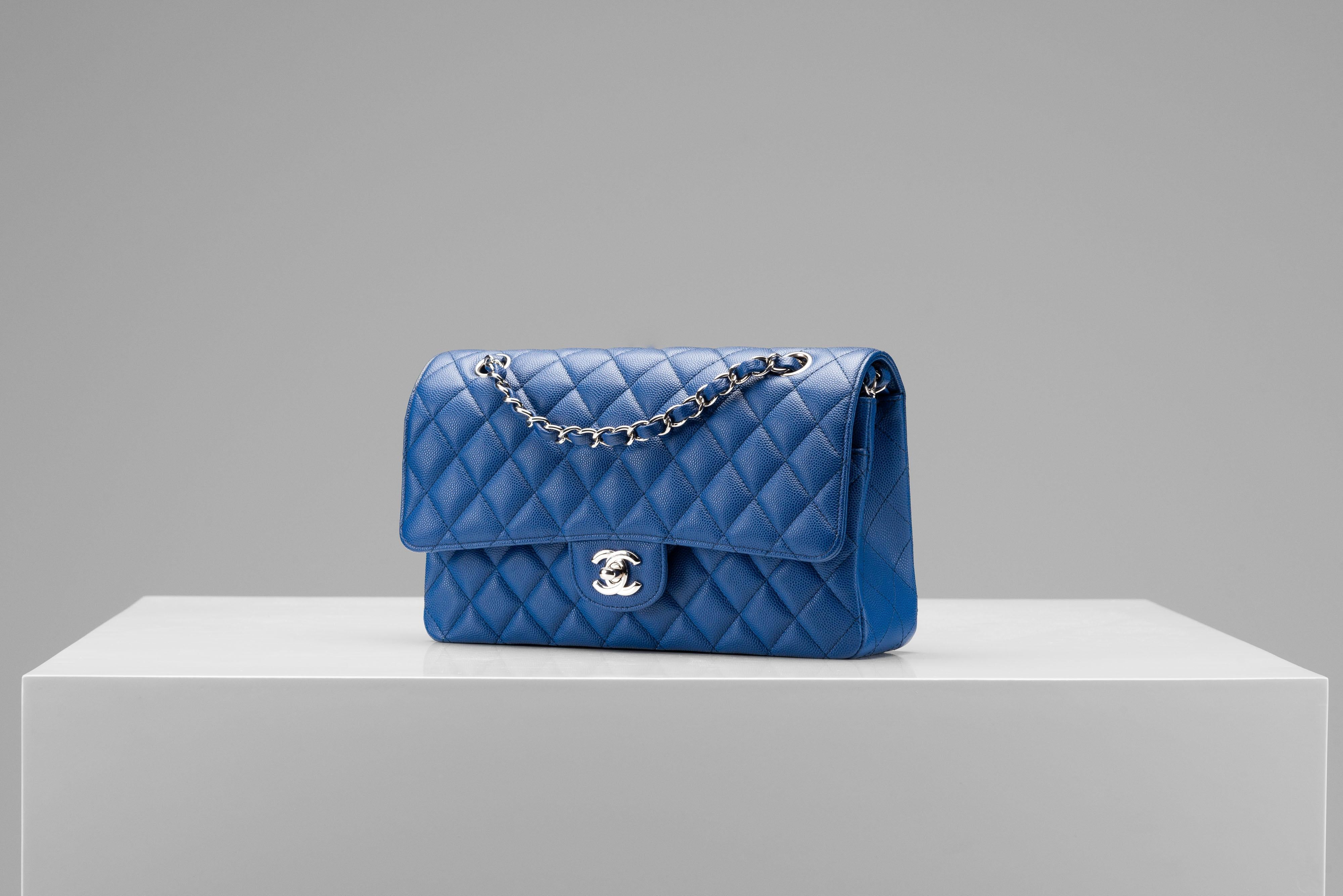 Women's or Men's Chanel Classic Caviar Medium Blue Silver Hardware For Sale