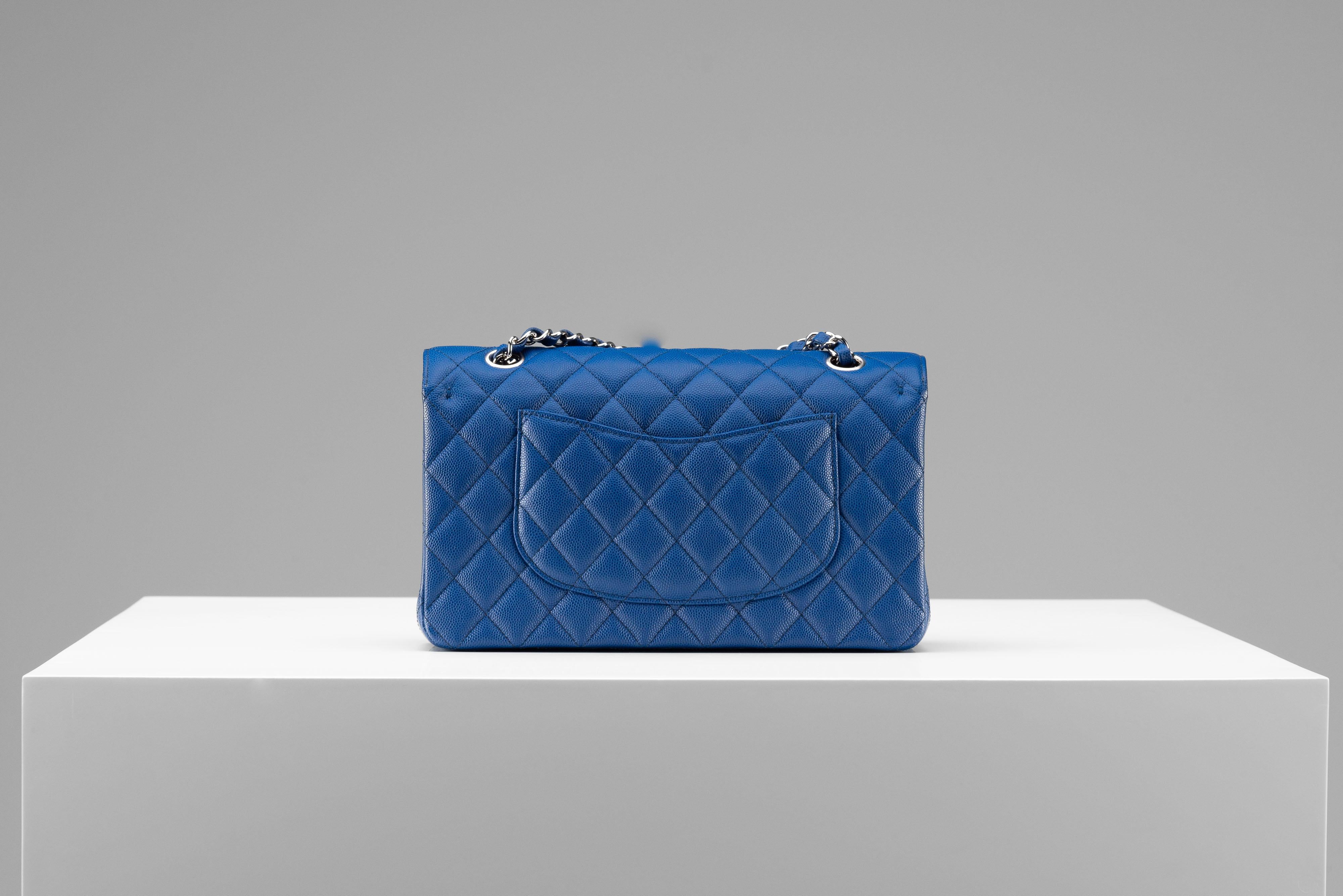 Chanel Classic Caviar Medium Blue Silver Hardware For Sale 1