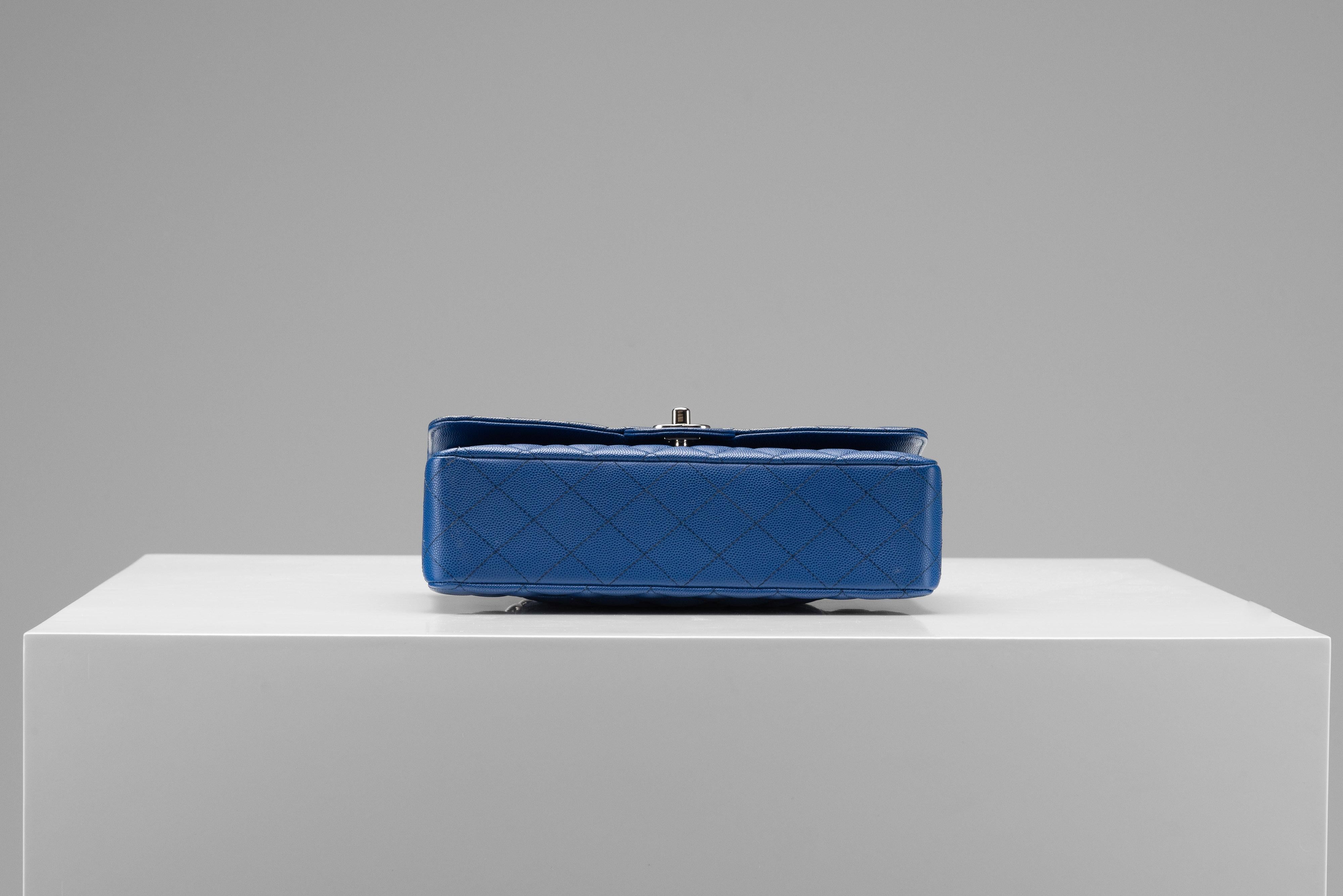 Chanel Classic Caviar Medium Blue Silver Hardware For Sale 2