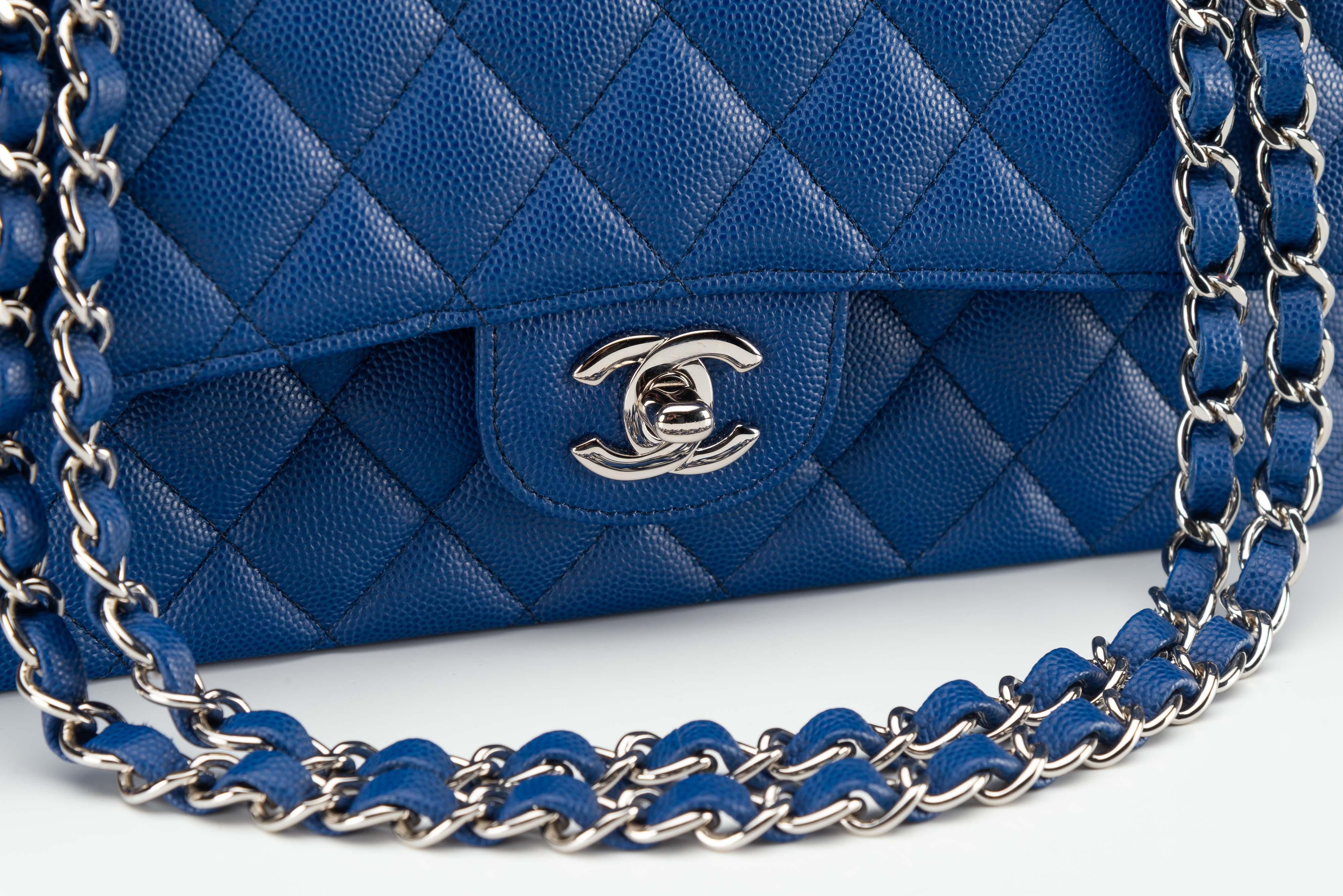 Chanel Classic Caviar Medium Blue Silver Hardware For Sale 3