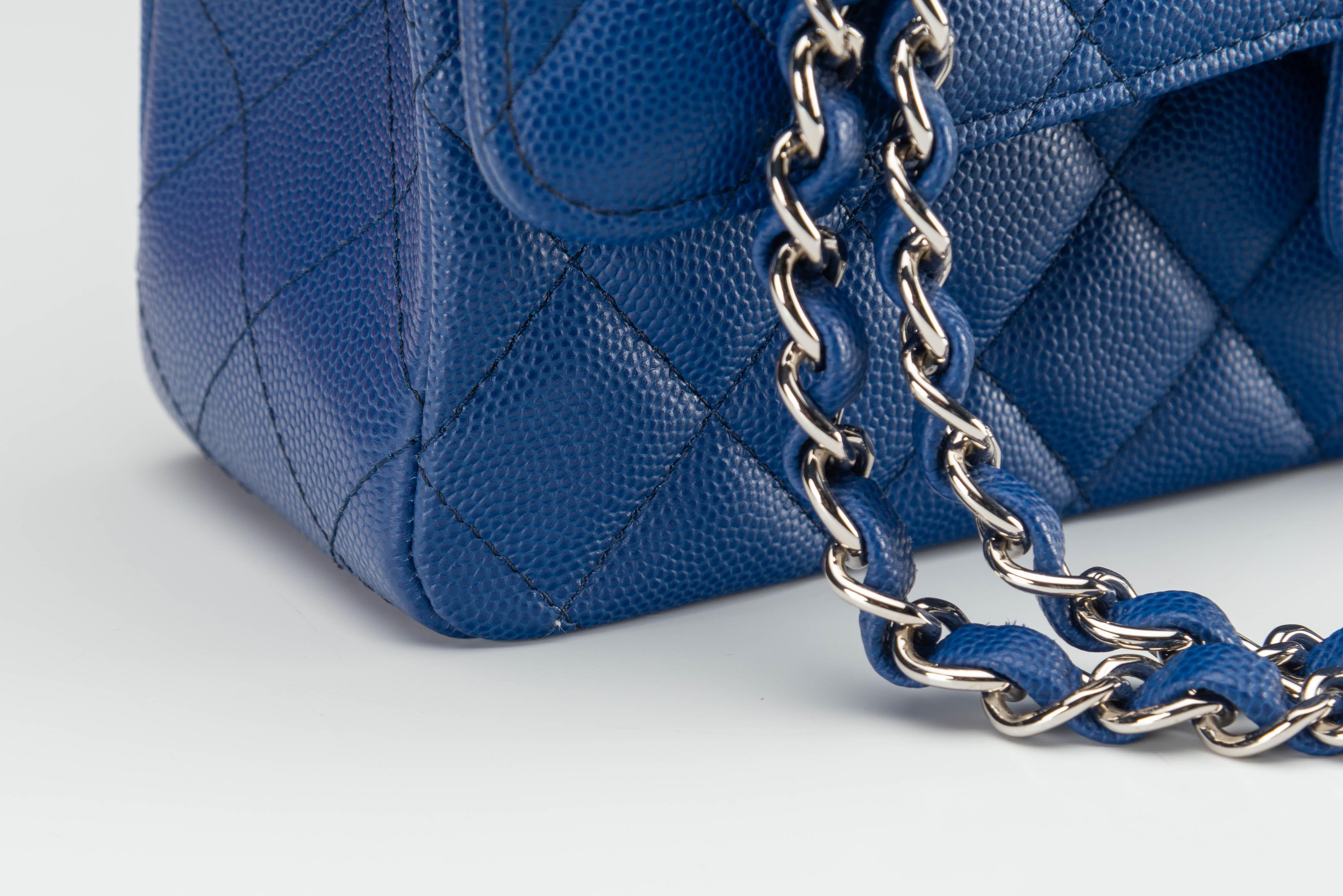 Chanel Classic Caviar Medium Blue Silver Hardware For Sale 4