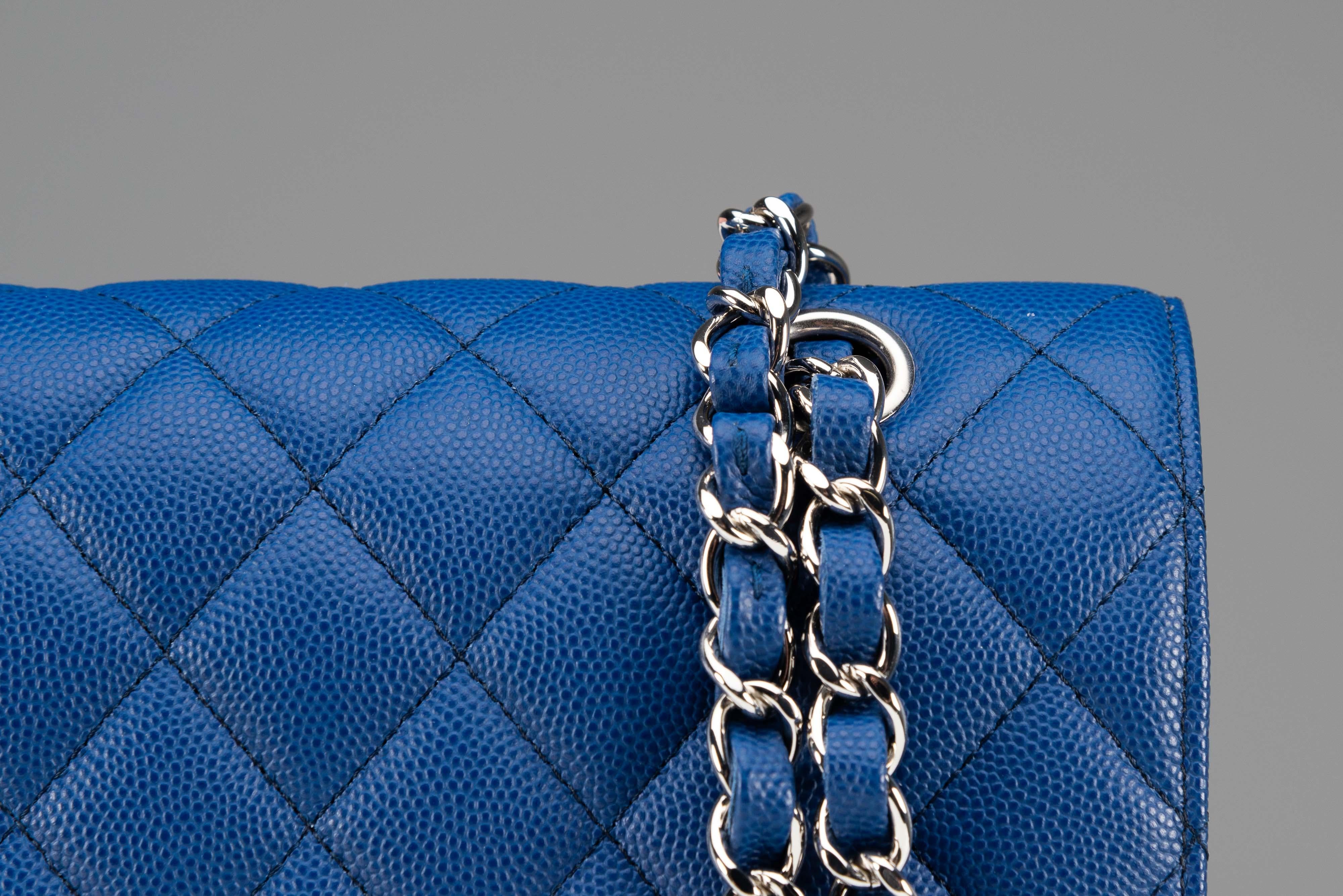 Chanel Classic Caviar Medium Blue Silver Hardware For Sale 5
