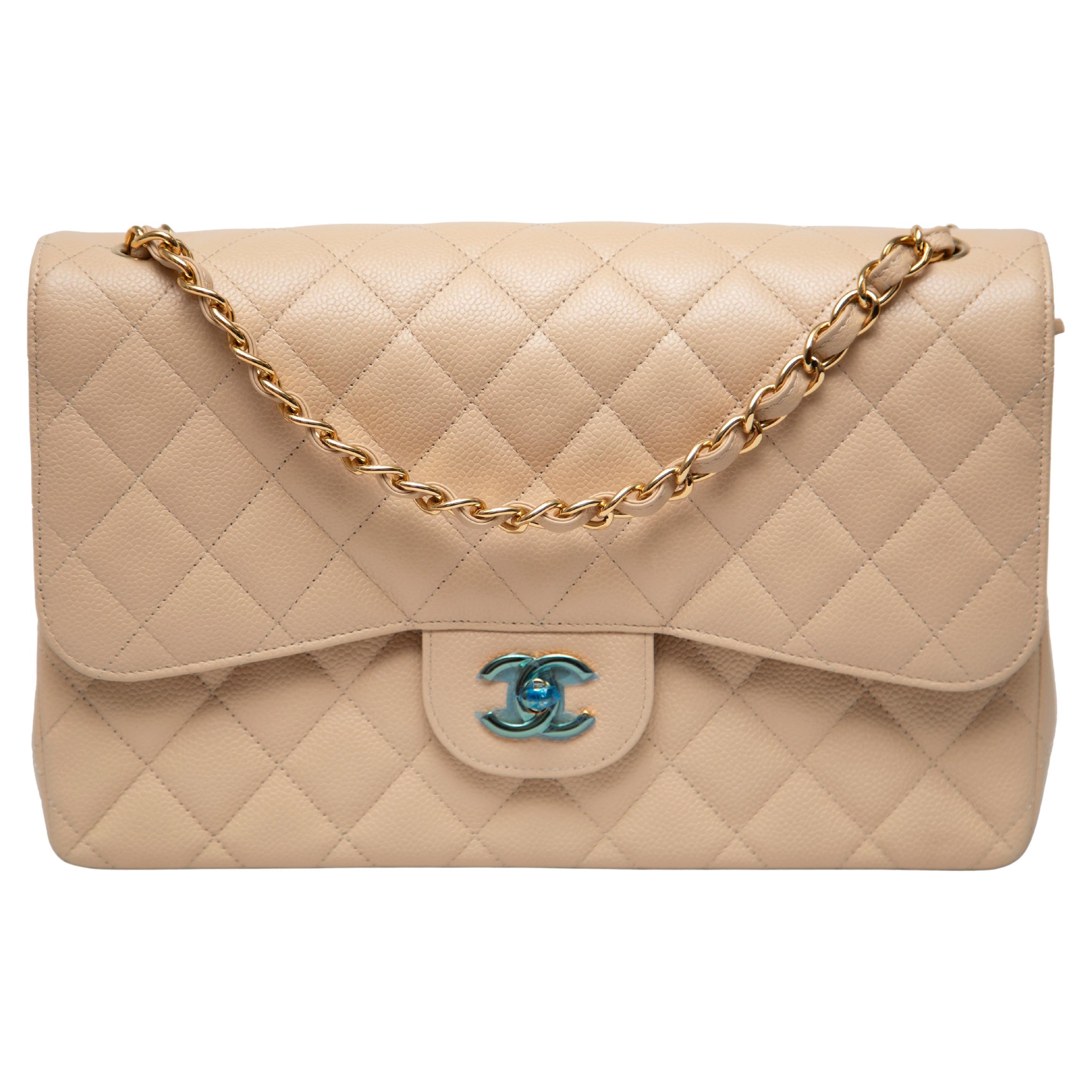 Chanel Classic Classic Double Flap Beige Caviar, with Gold-Toned Chain For Sale