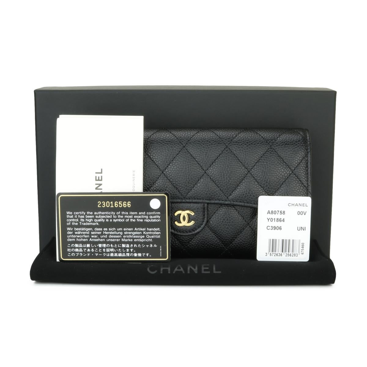 CHANEL Classic Continental Long Flap Wallet Black Caviar with Gold Hardware 2017.

This stunning classic long flap wallet is in never worn condition, the wallet still holds its original shape, and the hardware is still very shiny.

- Exterior