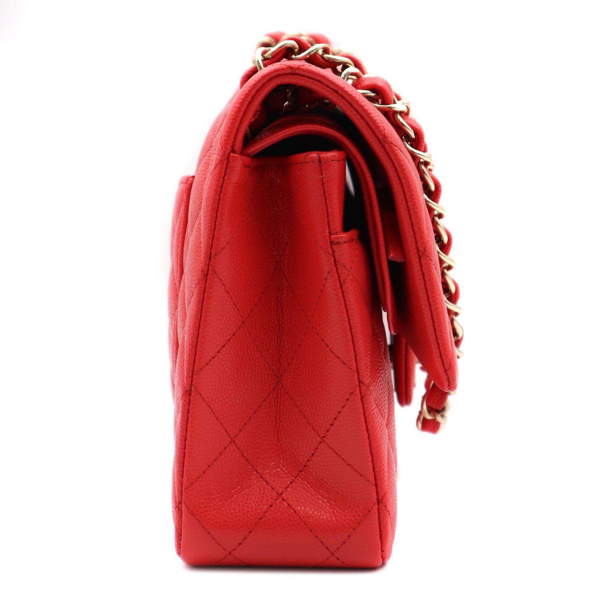 Women's Chanel Classic Coral Red Quilted Caviar Gold Hardware Medium Flap Bag  