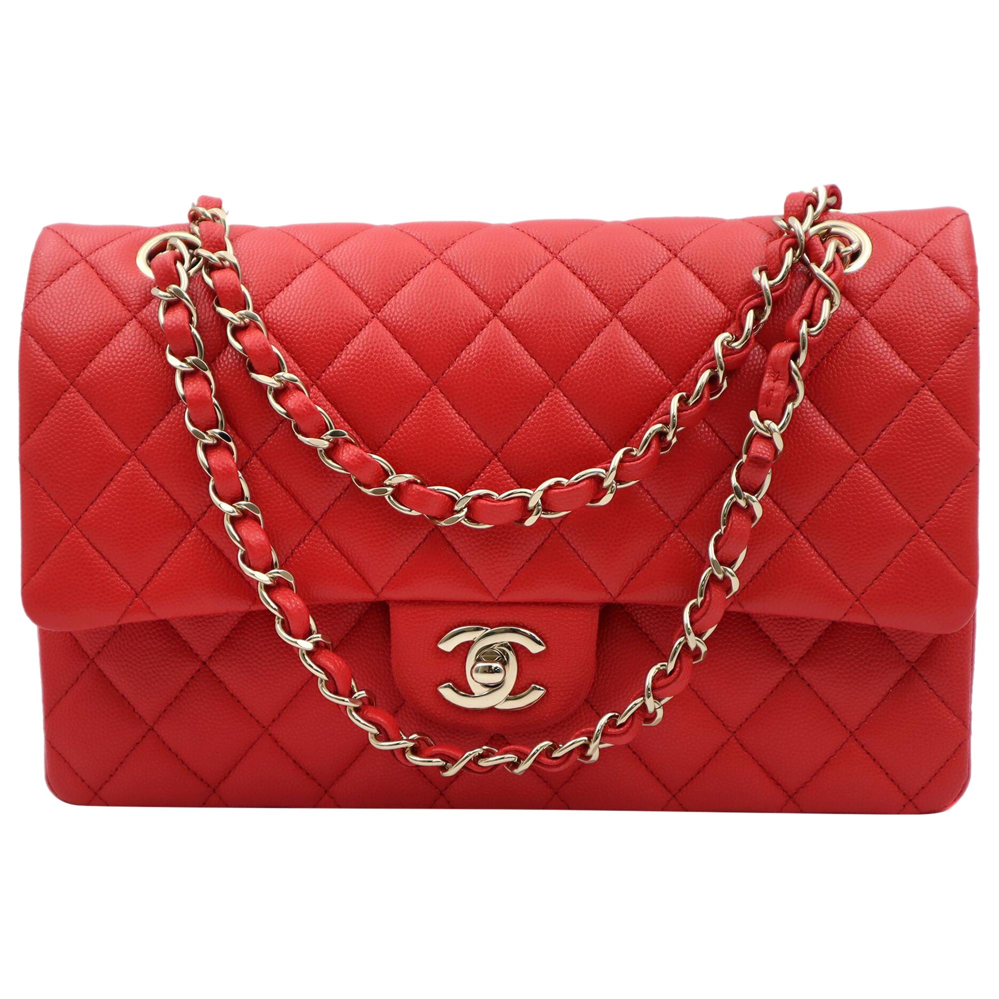 Chanel Classic Coral Red Quilted Caviar Gold Hardware Medium Flap