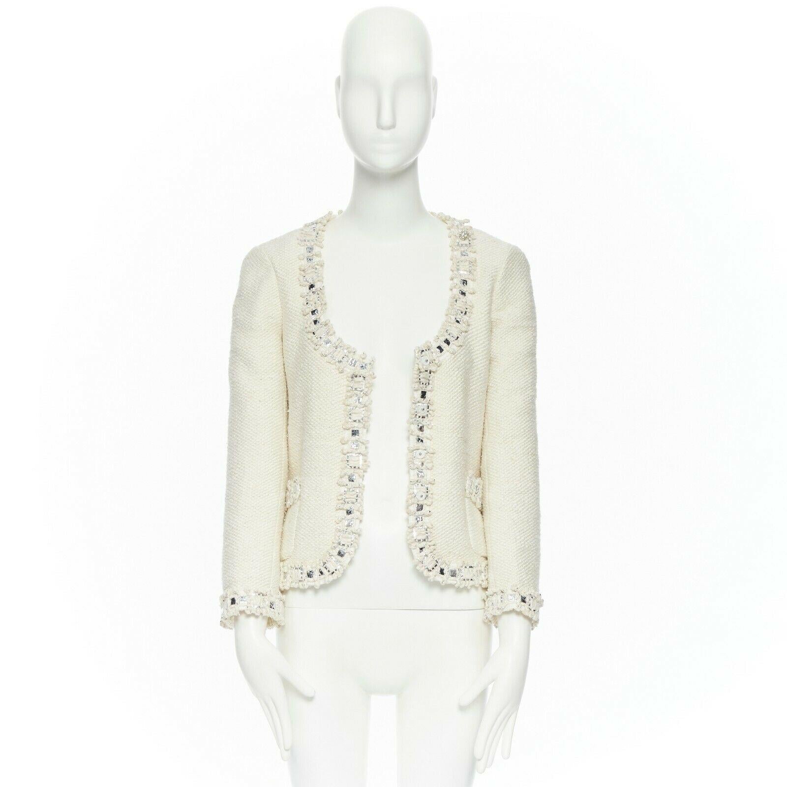 White CHANEL classic cream white metallic sequins mixed trimmings tweed jacket FR36 S