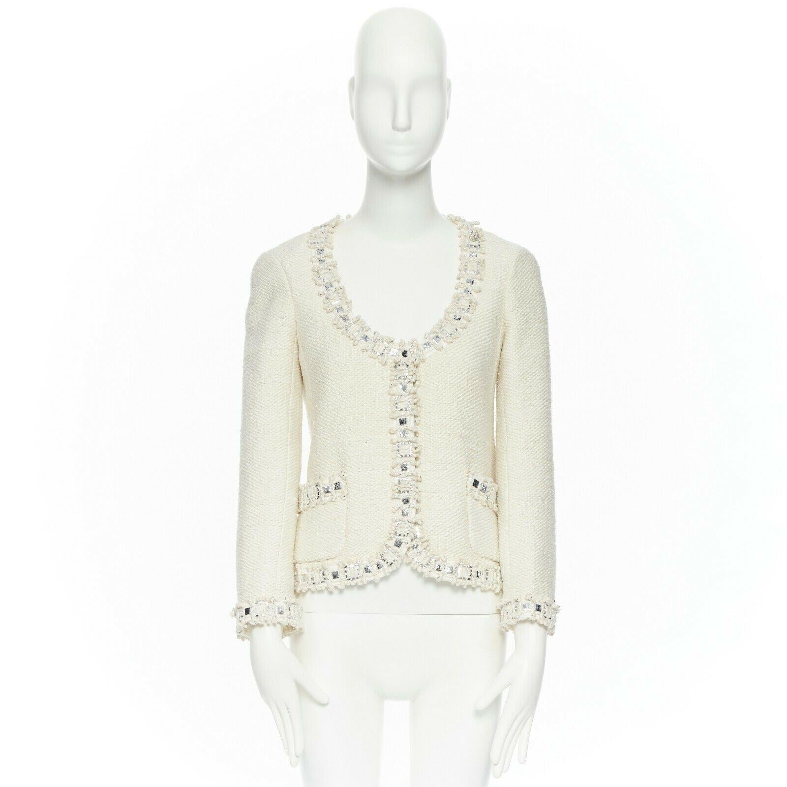 CHANEL classic cream white metallic sequins mixed trimmings tweed jacket FR36 S In Good Condition In Hong Kong, NT