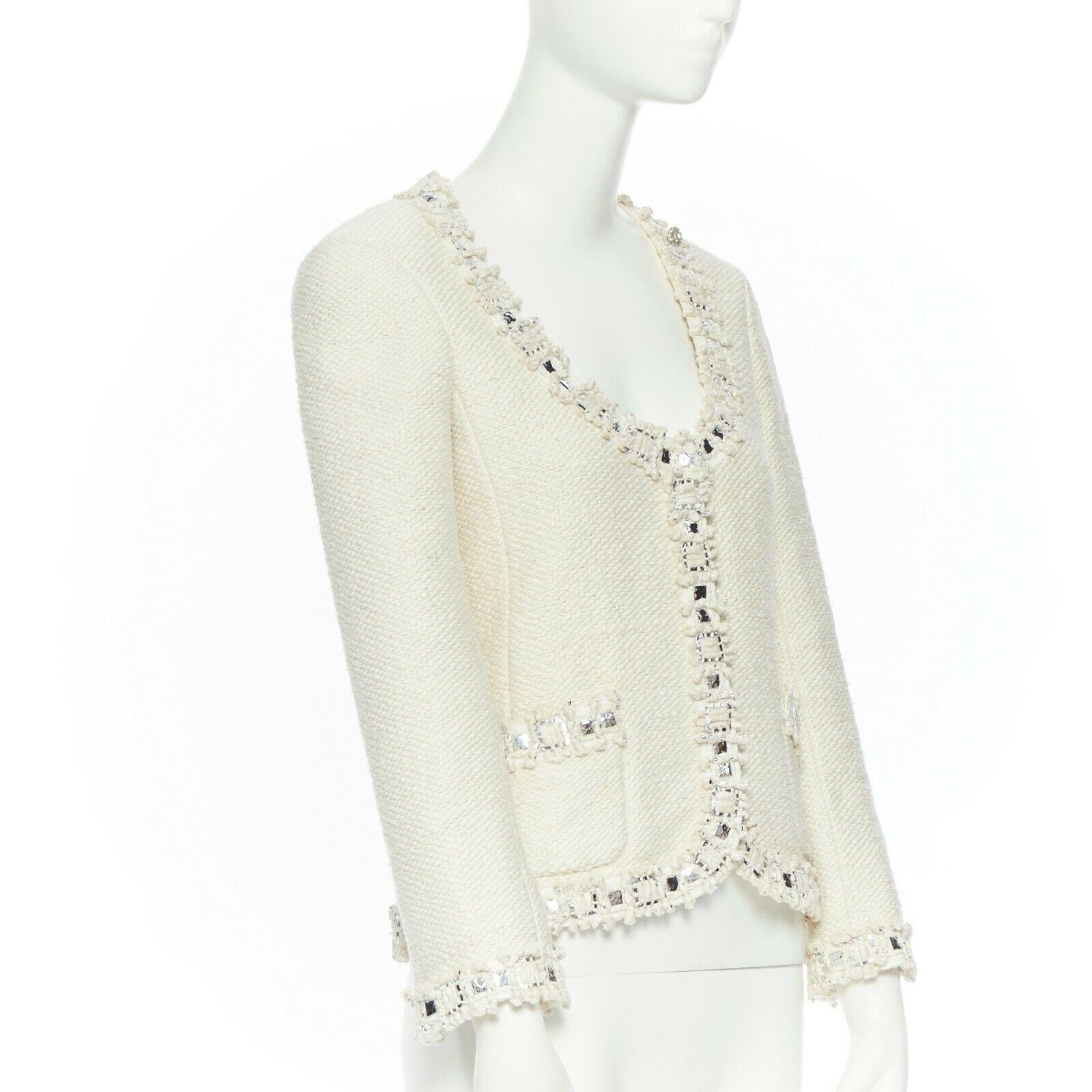 Women's CHANEL classic cream white metallic sequins mixed trimmings tweed jacket FR36 S