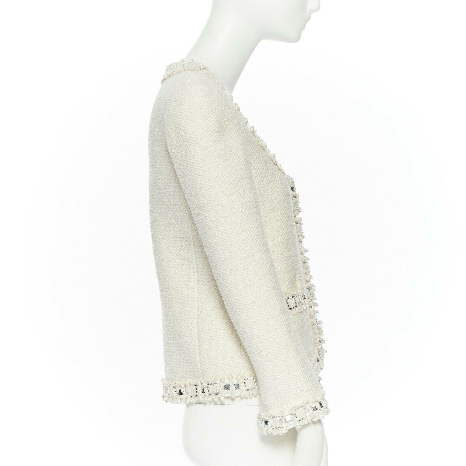 CHANEL classic cream white metallic sequins mixed trimmings tweed jacket FR36 S 1
