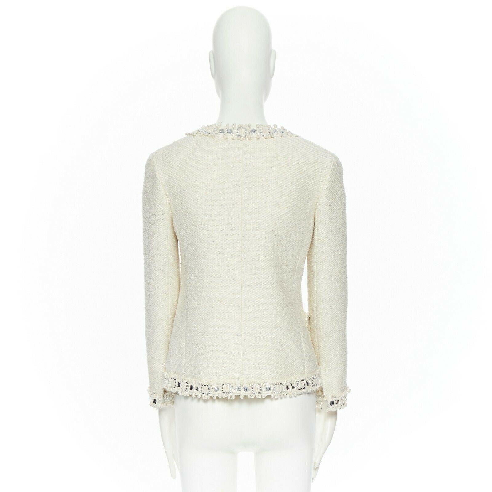 CHANEL classic cream white metallic sequins mixed trimmings tweed jacket FR36 S 2