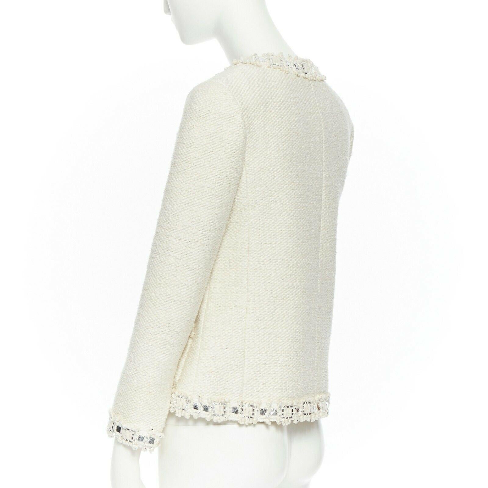 CHANEL classic cream white metallic sequins mixed trimmings tweed jacket FR36 S 4