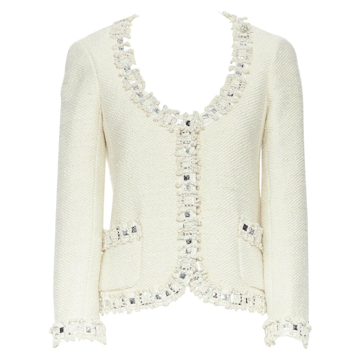 CHANEL classic cream white metallic sequins mixed trimmings tweed jacket FR36 S