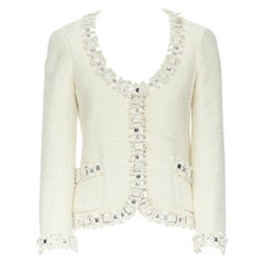 CHANEL classic cream white metallic sequins mixed trimmings tweed jacket FR36 S