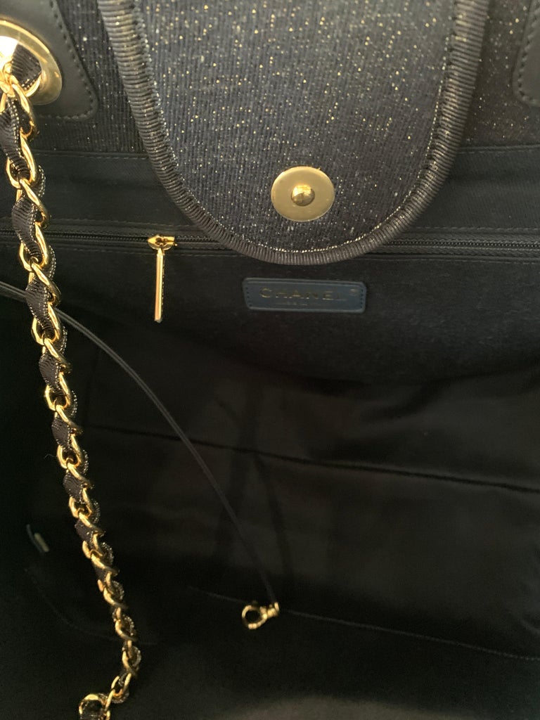 Chanel Classic Deauville Large Metallic Gold Navy Blue Denim Tote Bag 2019