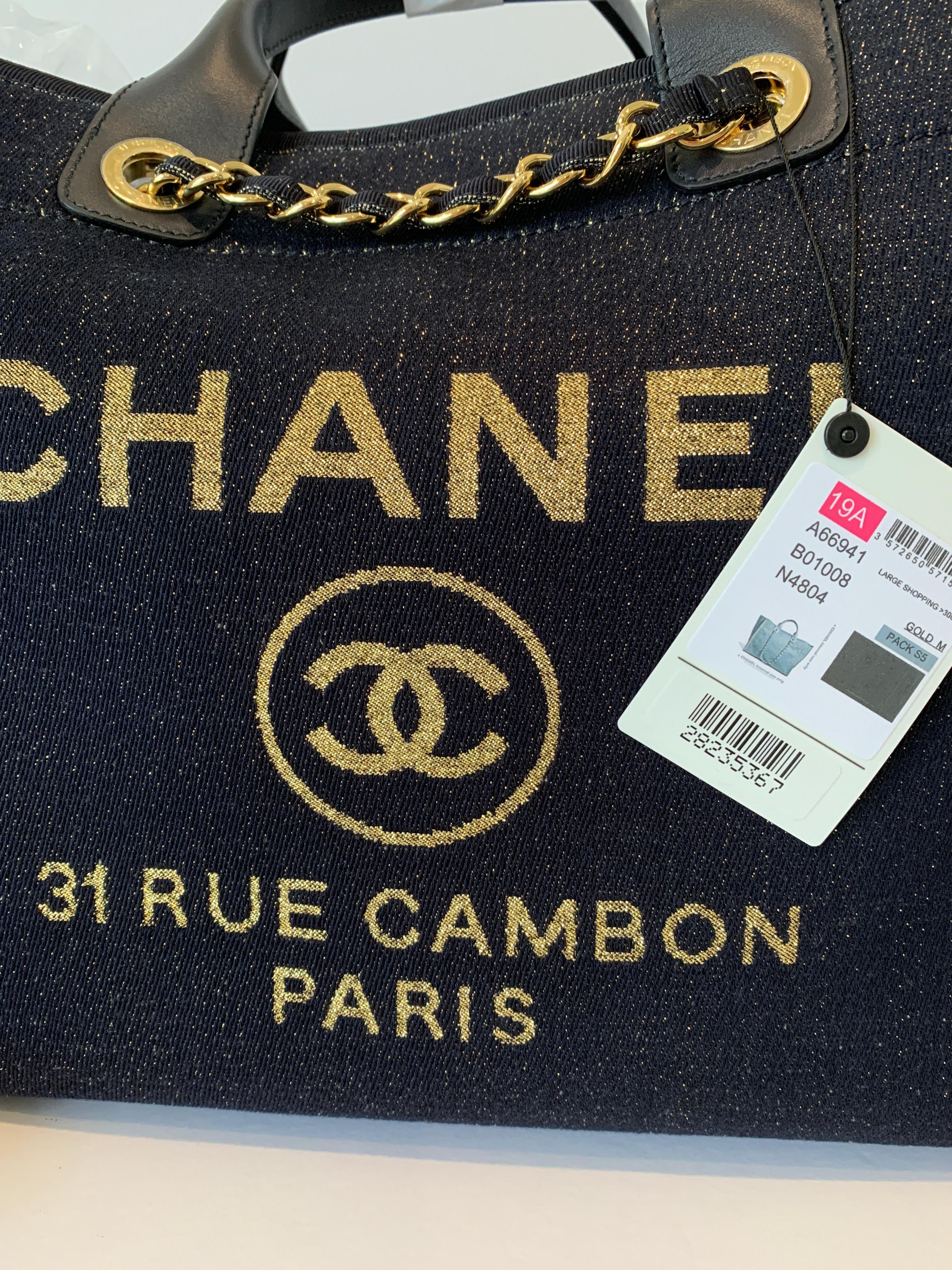 Black Chanel Classic Deauville Large Metallic Gold Navy Blue Denim Tote Bag 2019
