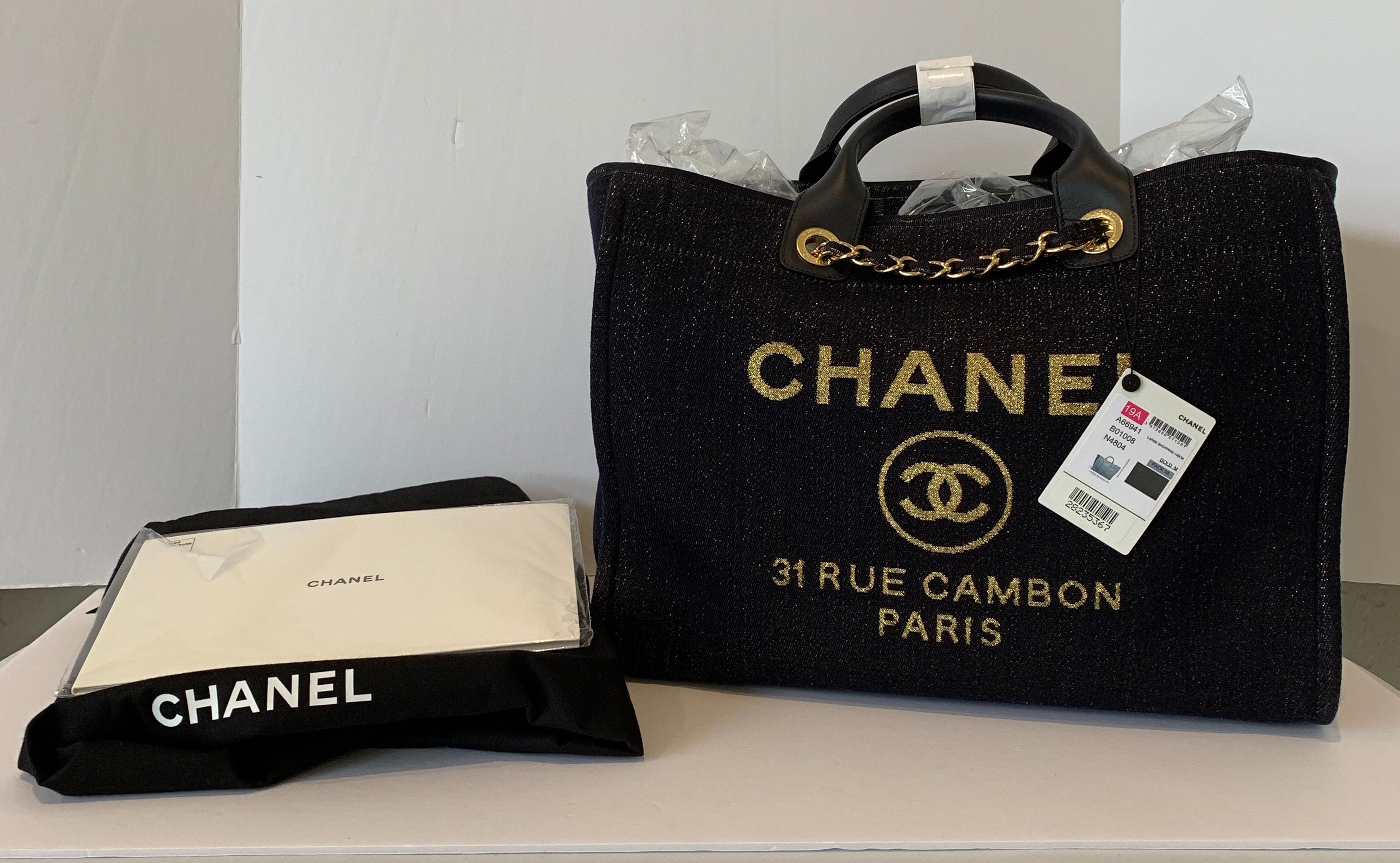 Chanel Classic Deauville Large Metallic Gold Navy Blue Denim Tote Bag 2019 In New Condition In West Chester, PA