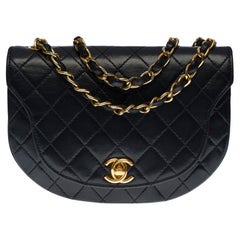Used Chanel Classic Demi-Lune shoulder Flap bag in navy blue quilted lamb leather, GHW