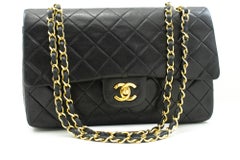 CHANEL Classic Double Flap 10" Chain Shoulder Bag Lambskin Black